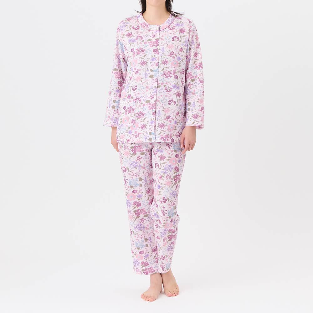 【WARM PLUS・背中保温】 ソフトキルト 長袖長パンツ ノーカラー パジャマ TG4015 ピンク