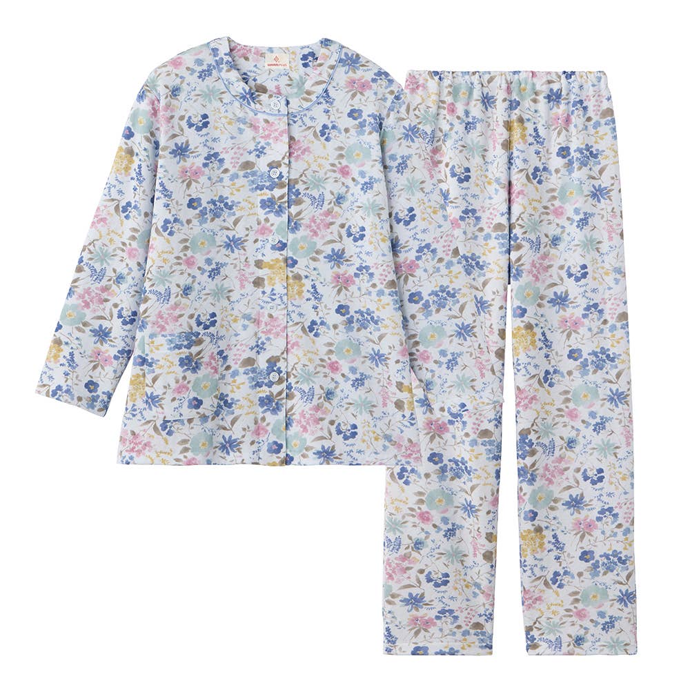 【WARM PLUS・背中保温】 ソフトキルト 長袖長パンツ ノーカラー パジャマ TG4015 サックス