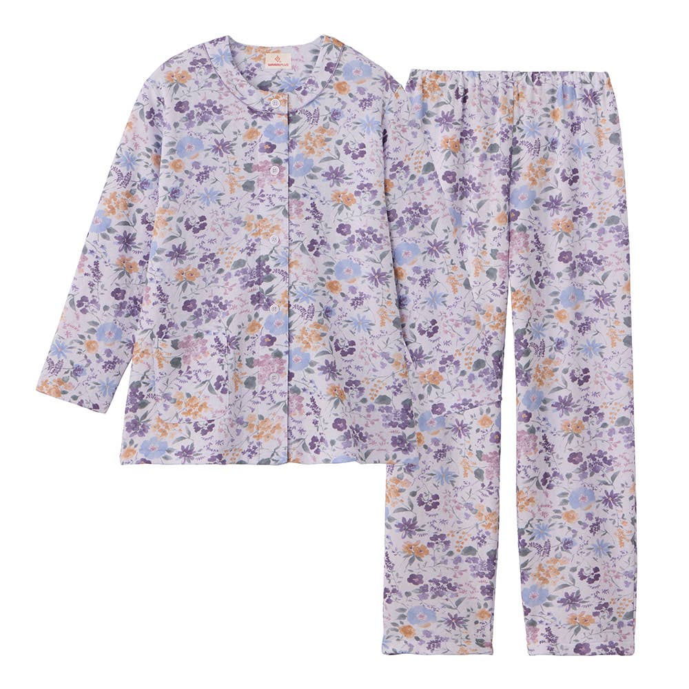 【WARM PLUS・背中保温】 ソフトキルト 長袖長パンツ ノーカラー パジャマ TG4015 パープル