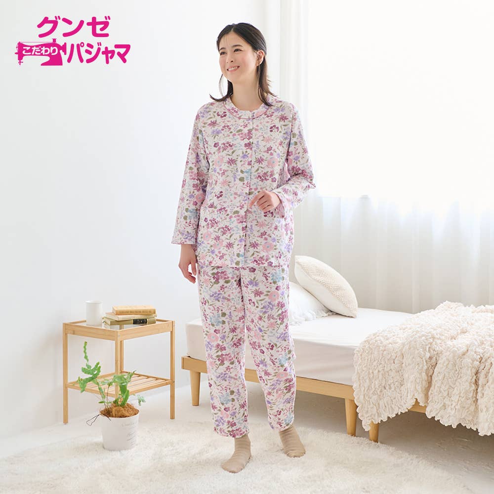 【WARM PLUS・背中保温】 ソフトキルト 長袖長パンツ ノーカラー パジャマ