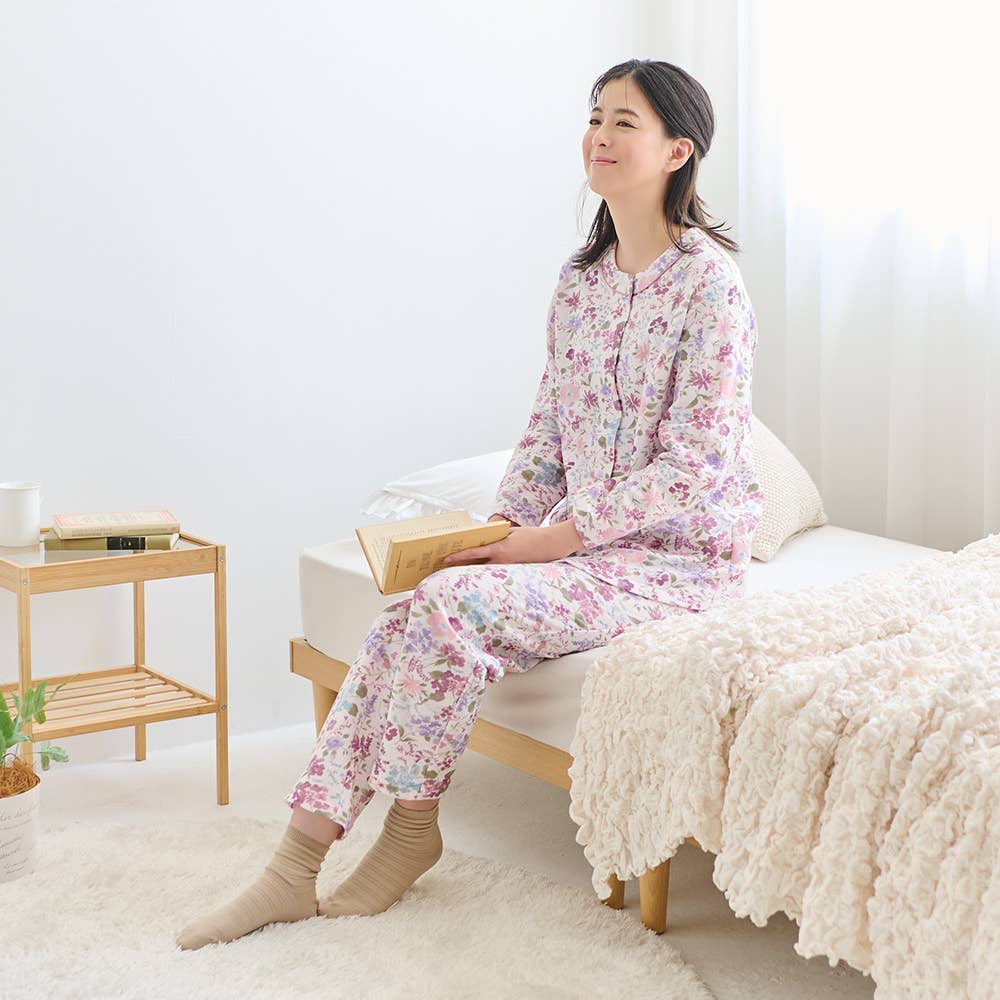 【WARM PLUS・背中保温】 ソフトキルト 長袖長パンツ ノーカラー パジャマ TG4015 E1