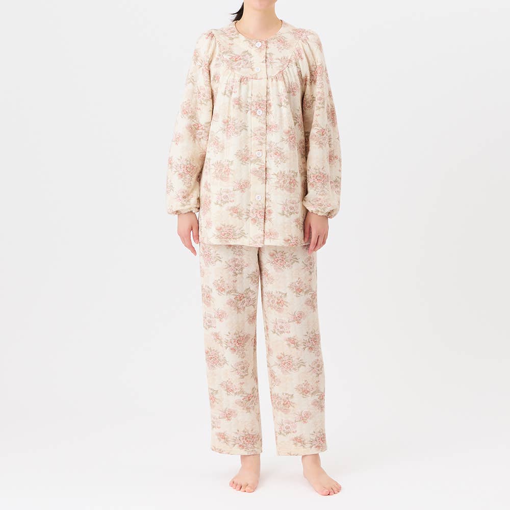 【全身保温】発熱ソフトキルト 長袖長パンツ フェミニンパジャマ TG4205 クリーム