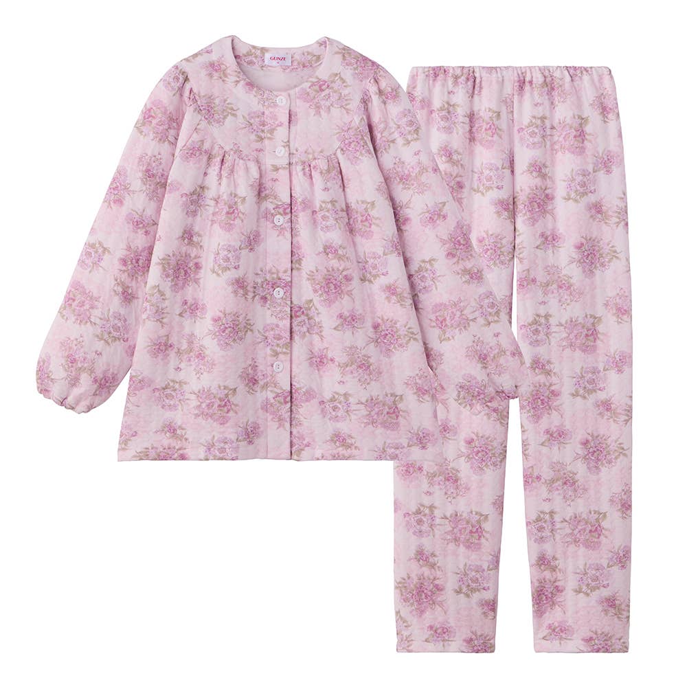 【全身保温】発熱ソフトキルト 長袖長パンツ フェミニンパジャマ TG4205 ピンク