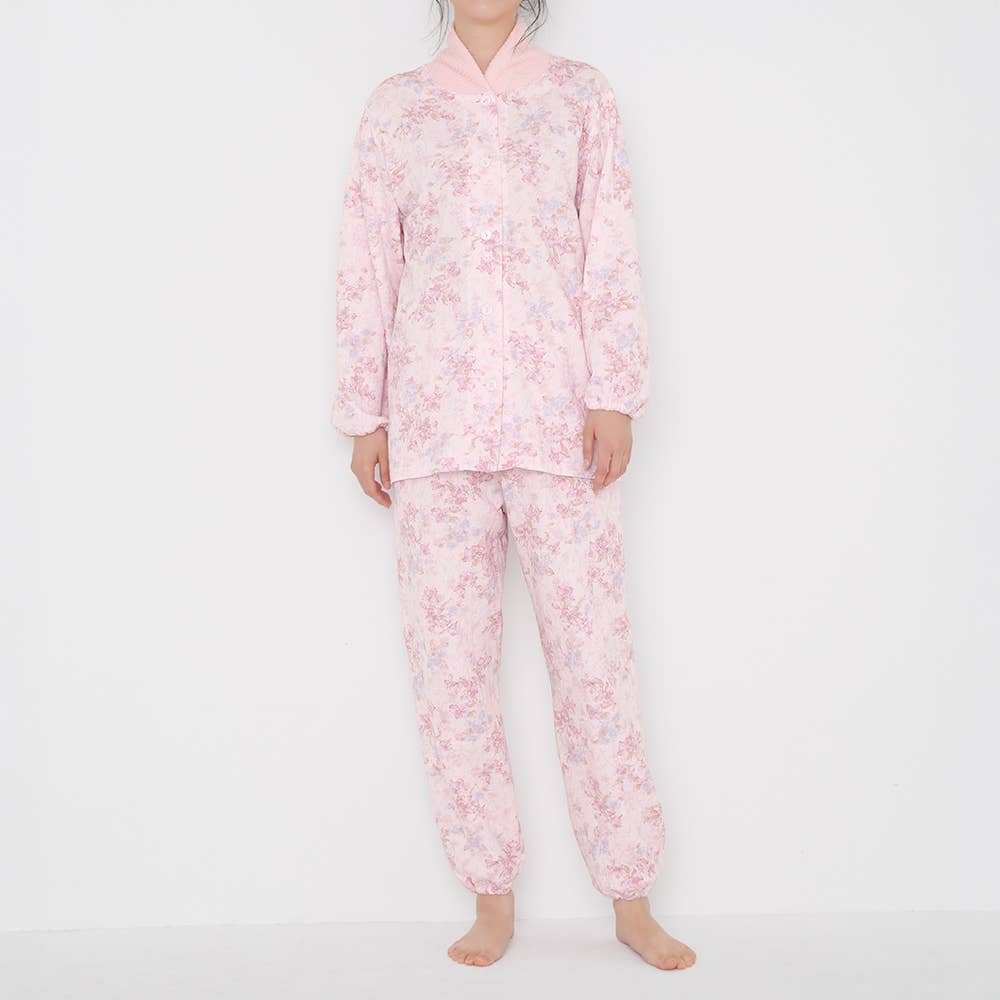 【襟元保温】ソフトキルト 長袖長パンツ パジャマ TG4215 ピンク