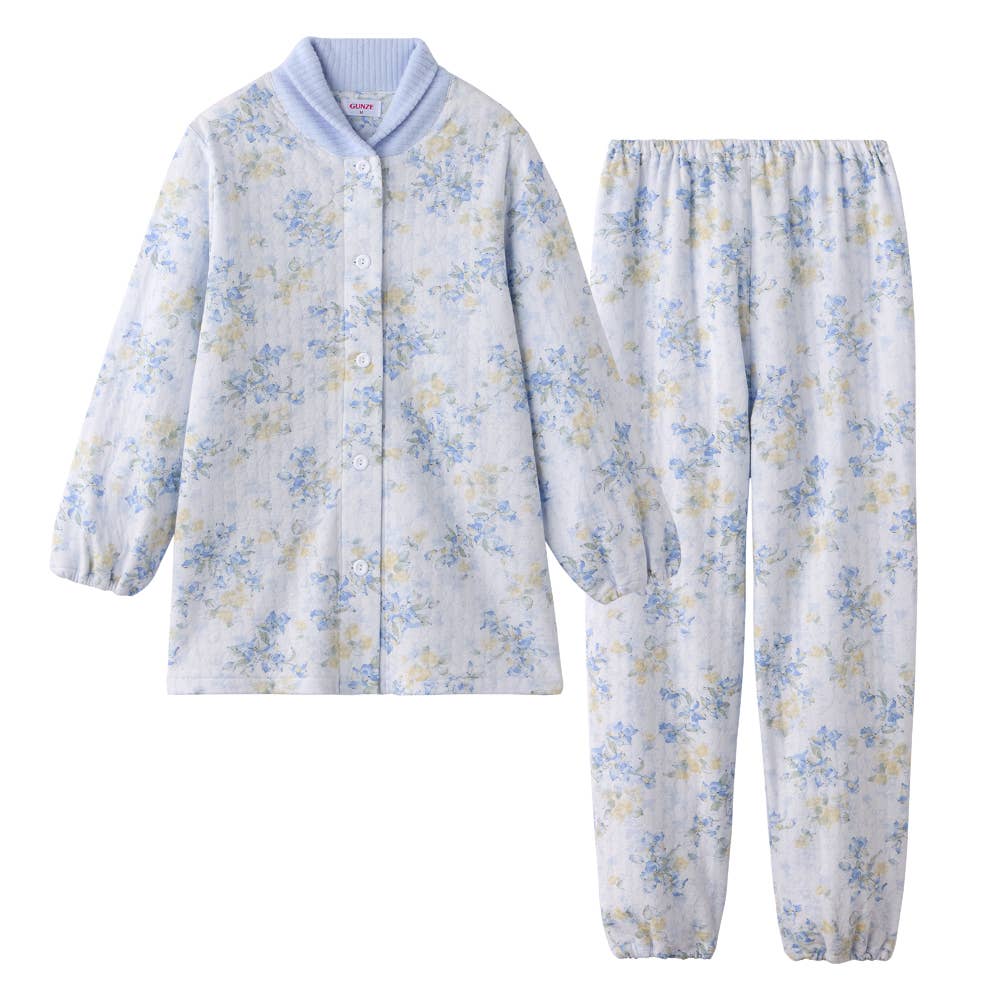 【襟元保温】ソフトキルト 長袖長パンツ パジャマ TG4215 サックス