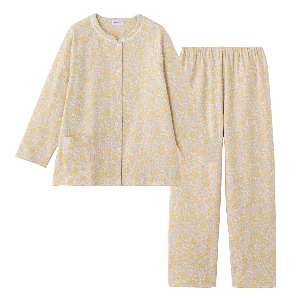 【極暖・綿100%】厚手スムース 長袖長パンツ ノーカラーパジャマ【送料無料】 TG4235EC クリーム