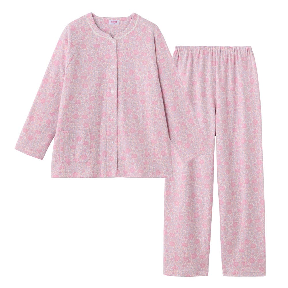 【極暖・綿100%】厚手スムース 長袖長パンツ ノーカラーパジャマ【送料無料】 TG4235EC ピンク