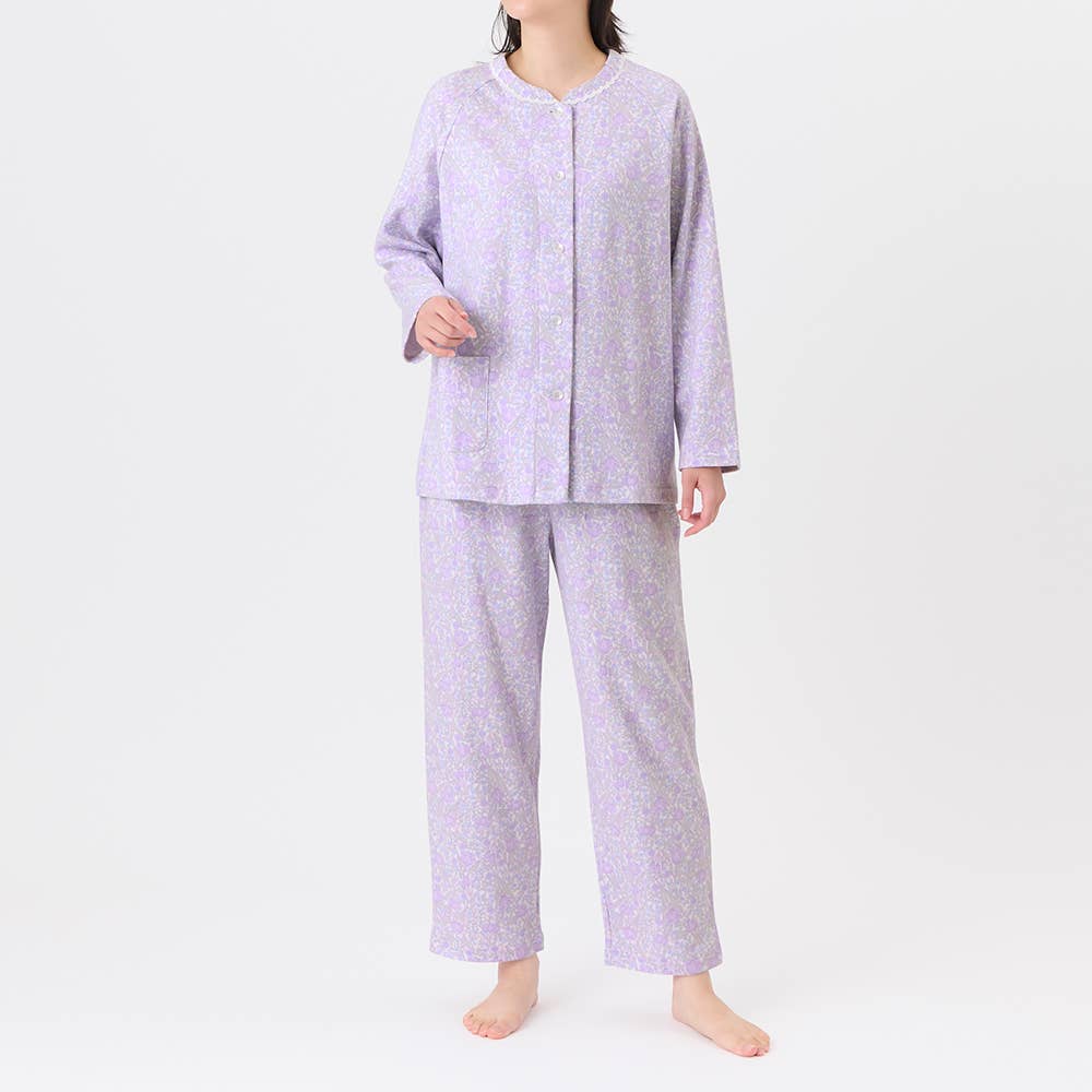 【極暖・綿100%】厚手スムース 長袖長パンツ ノーカラーパジャマ【送料無料】 TG4235EC パープル