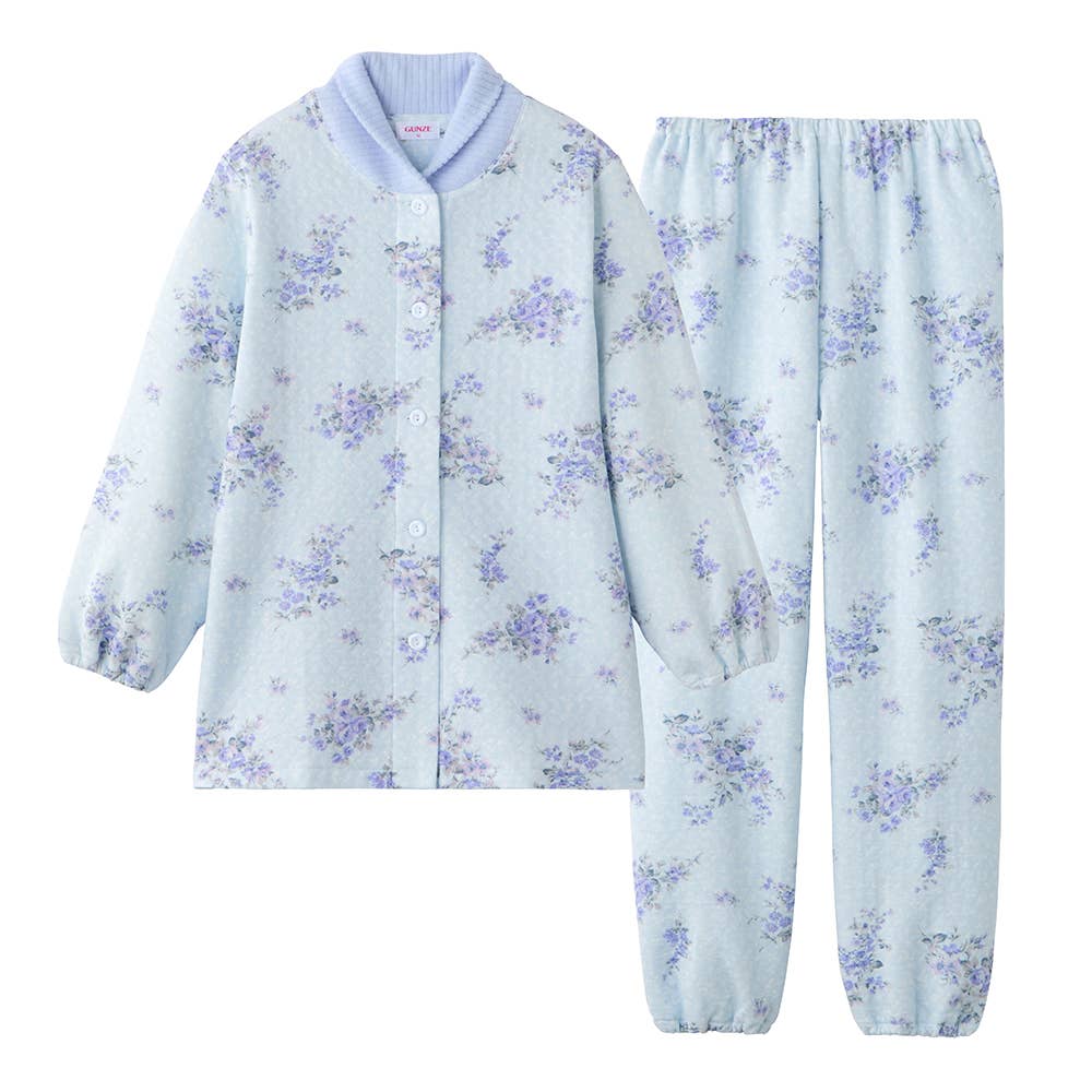 【襟元保温】ソフトキルト 長袖長パンツ パジャマ TG4244EC サックス