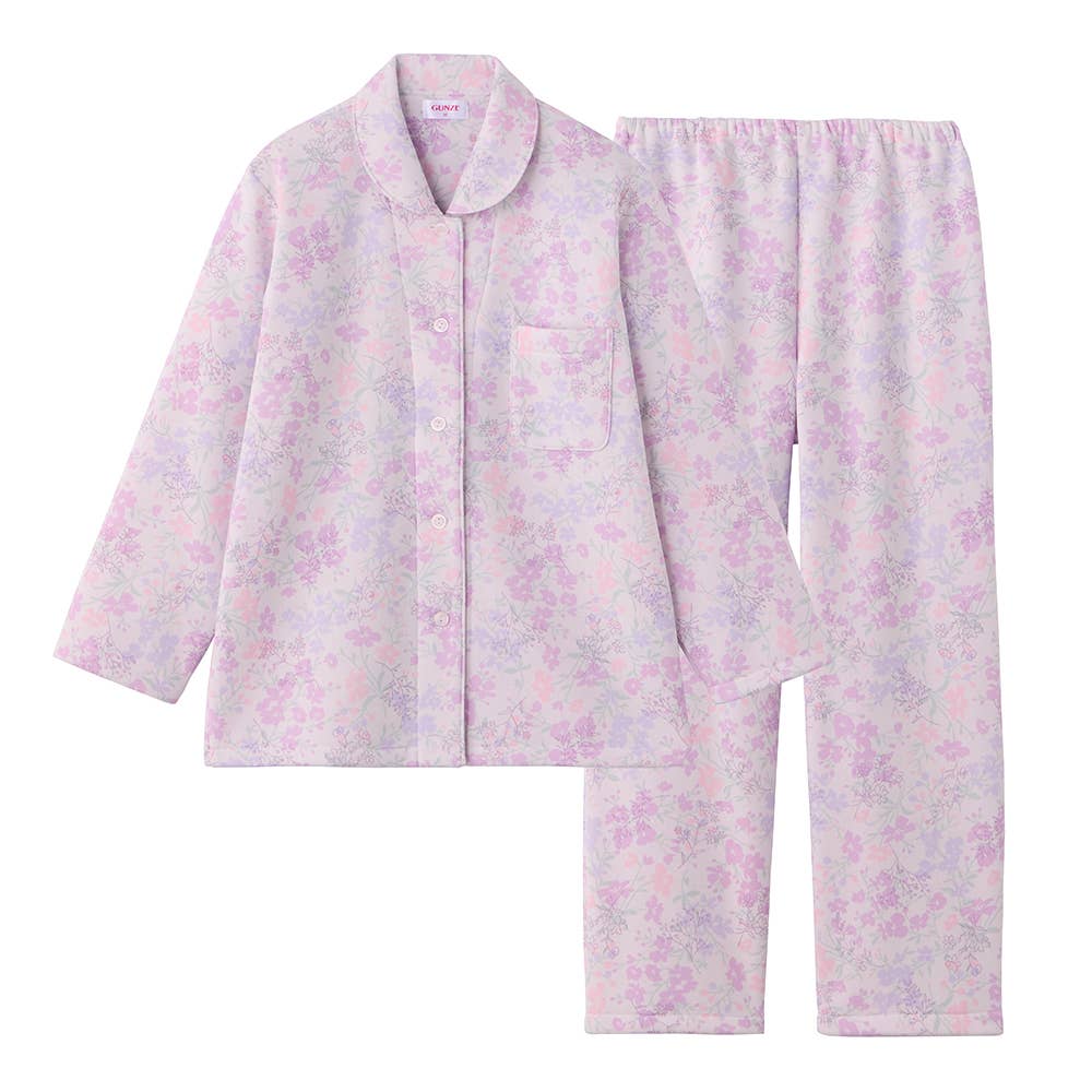 【極暖】パイル裏起毛 長袖長パンツ シャツ襟 パジャマ【送料無料】 TG4265EC パープル