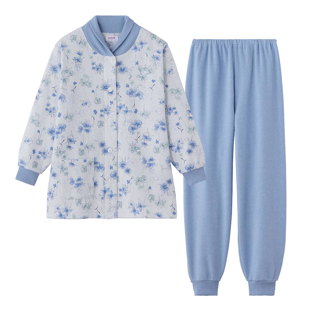 【極暖・まるで魔法瓶】パイル裏起毛 長袖長パンツ 襟元暖かパジャマ【送料無料】 TG4285EC サックス