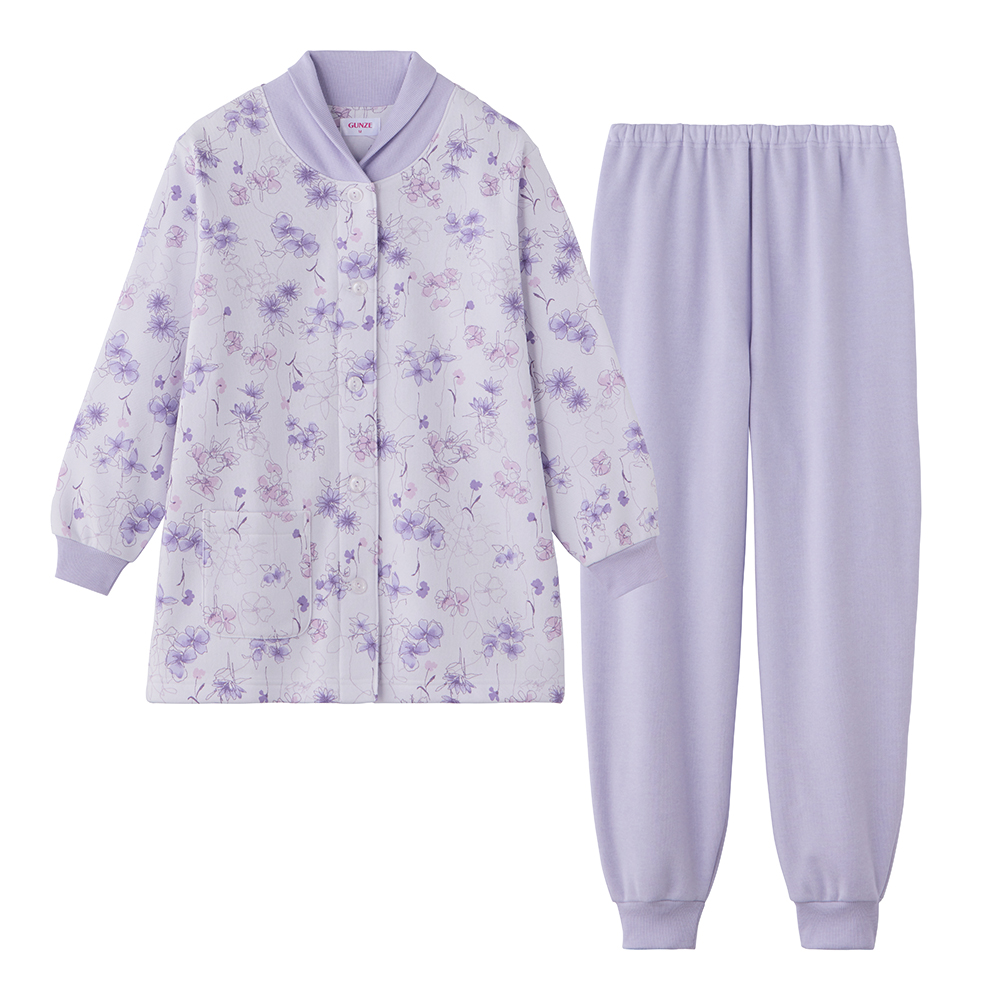 【極暖・まるで魔法瓶】パイル裏起毛 長袖長パンツ 襟元暖かパジャマ【送料無料】 TG4285EC パープル