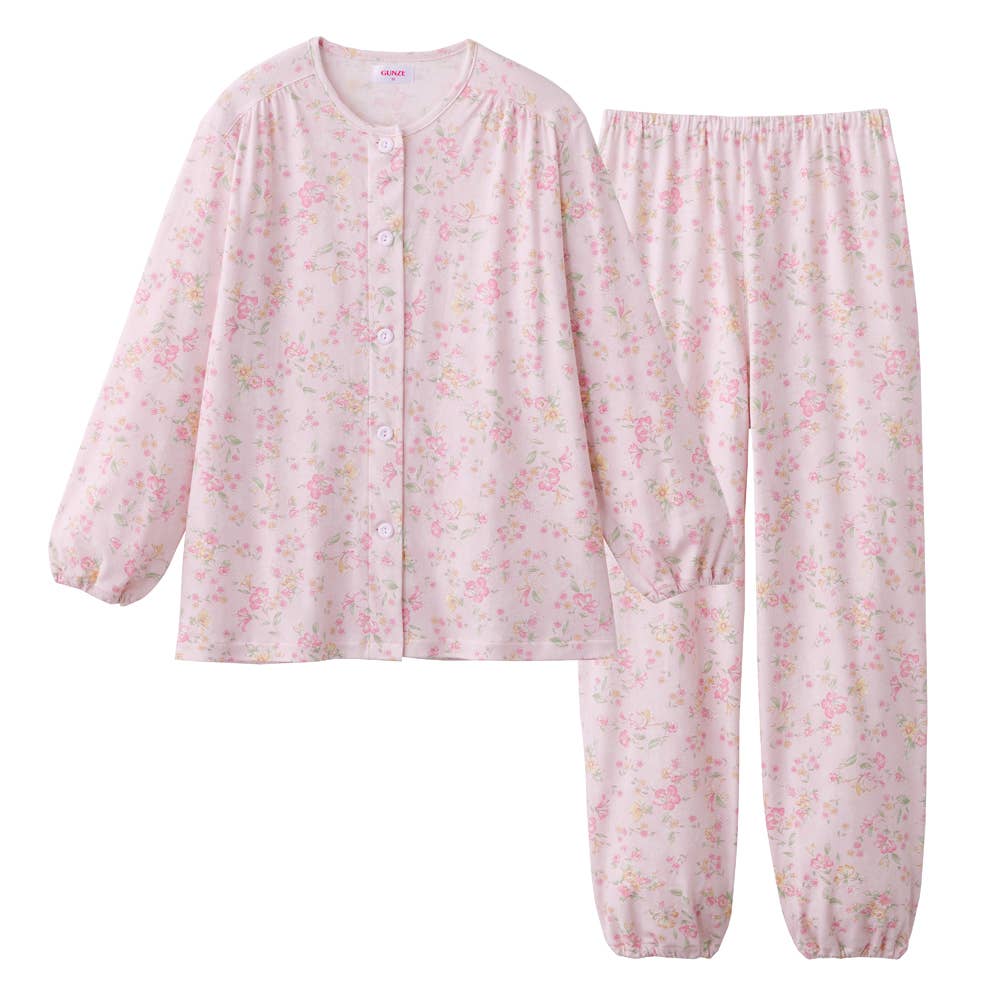 【京都捺染・綿100%】スムース 長袖長パンツ フェミニンパジャマ【送料無料】 TG4295 ピンク