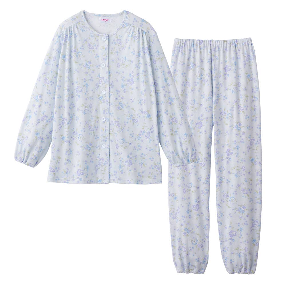 【京都捺染・綿100%】スムース 長袖長パンツ フェミニンパジャマ【送料無料】 TG4295 サックス