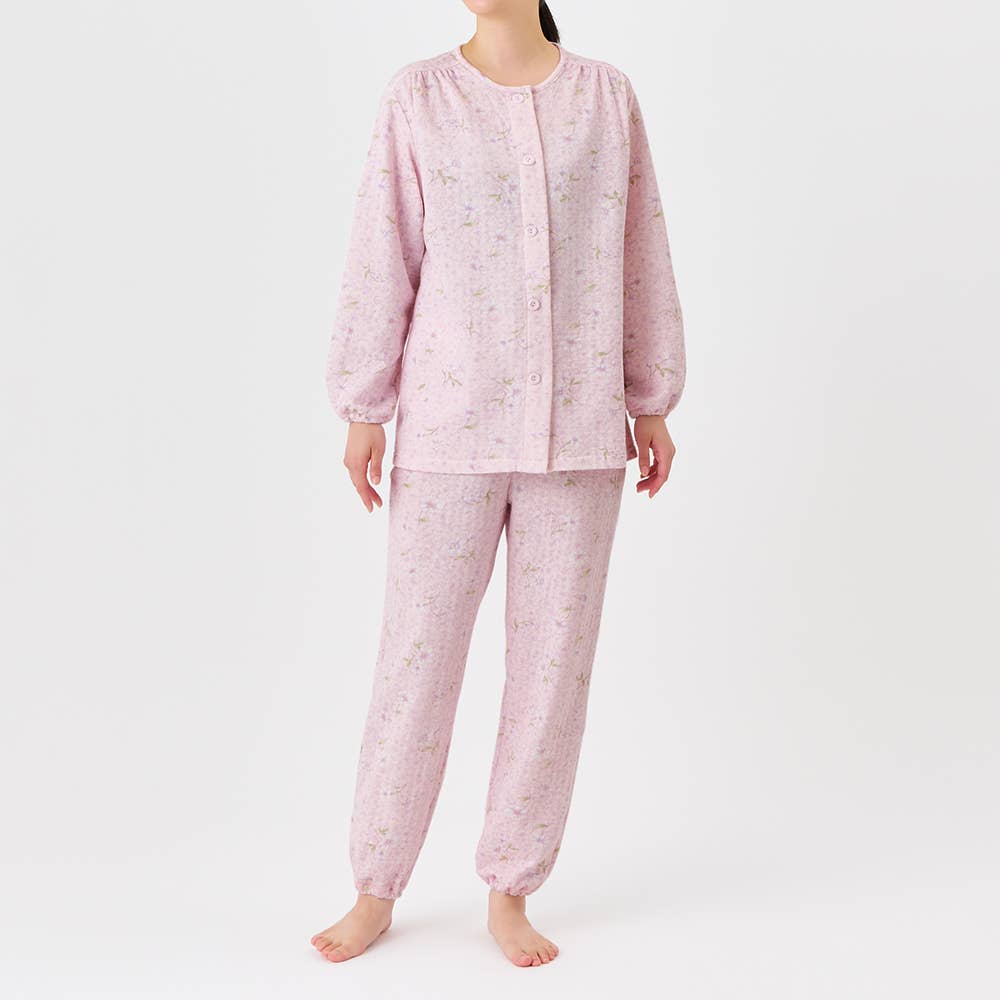 【京都捺染・綿混】ソフトキルト 長袖長パンツ シャツパジャマ【送料無料】 TG4315 ピンク