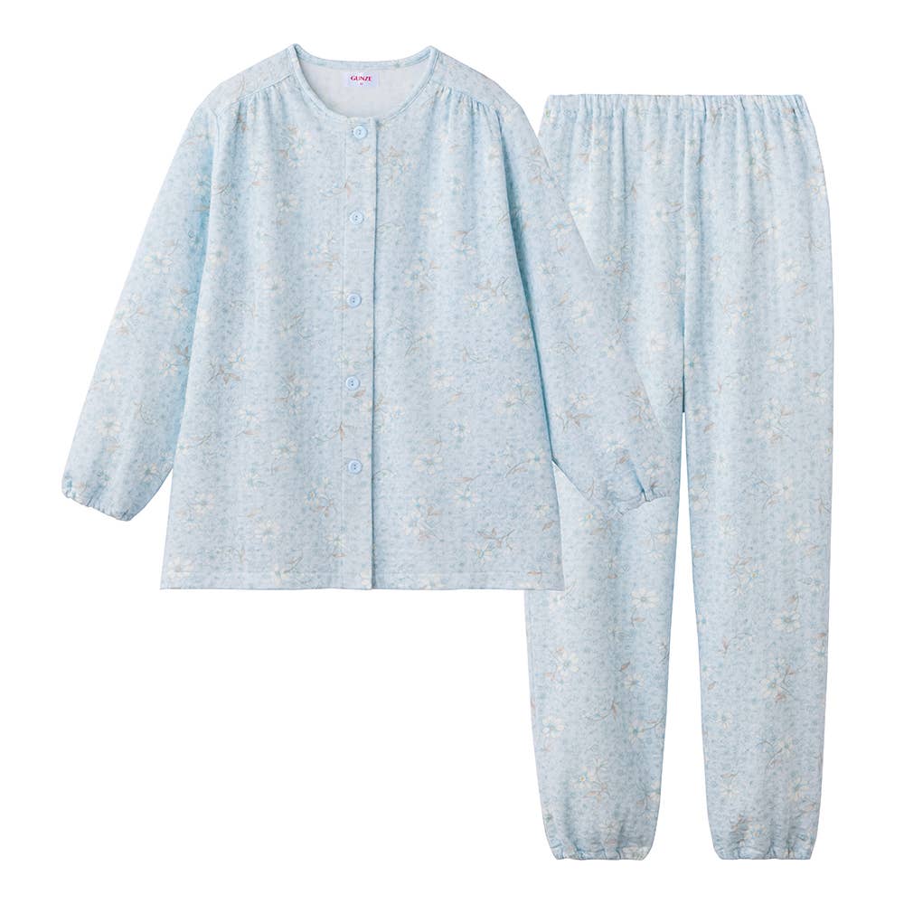 【京都捺染・綿混】ソフトキルト 長袖長パンツ シャツパジャマ【送料無料】 TG4315 サックス