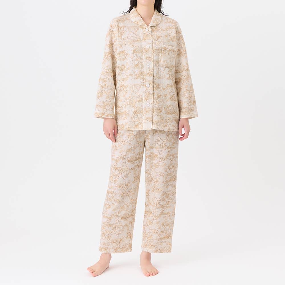 【京都捺染・綿混】ソフトキルト 長袖長パンツ　シャツ パジャマ【送料無料】 TG4325 クリーム