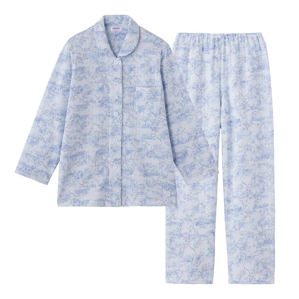 【京都捺染・綿混】ソフトキルト 長袖長パンツ　シャツ パジャマ【送料無料】 TG4325 サックス