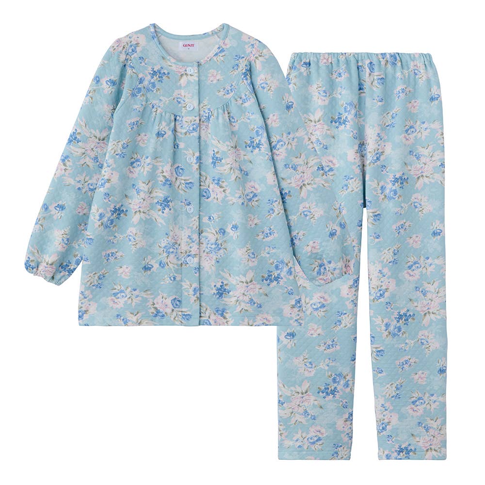 【京都捺染・綿混】ダイヤキルト 長袖長パンツ フェミニンパジャマ【送料無料】 TG4335 サックス