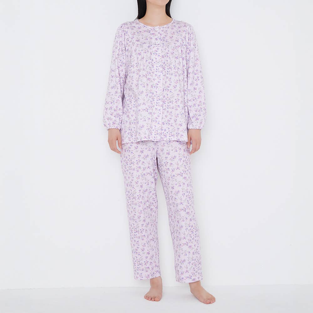 【プチサイズ・綿100%】スムース 長袖長パンツ フェミニンパジャマ TG4405 パープル