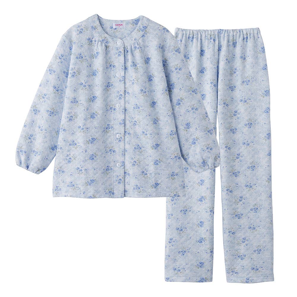 【綿混】ダイヤ柄キルト 長袖長パンツ フェミニンパジャマ TG4413 サックス