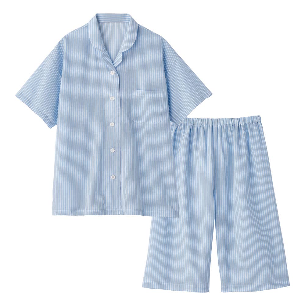 【アセドロン】綿混 背中メッシュ 半袖5分丈パンツ パジャマ TL1006 サックス