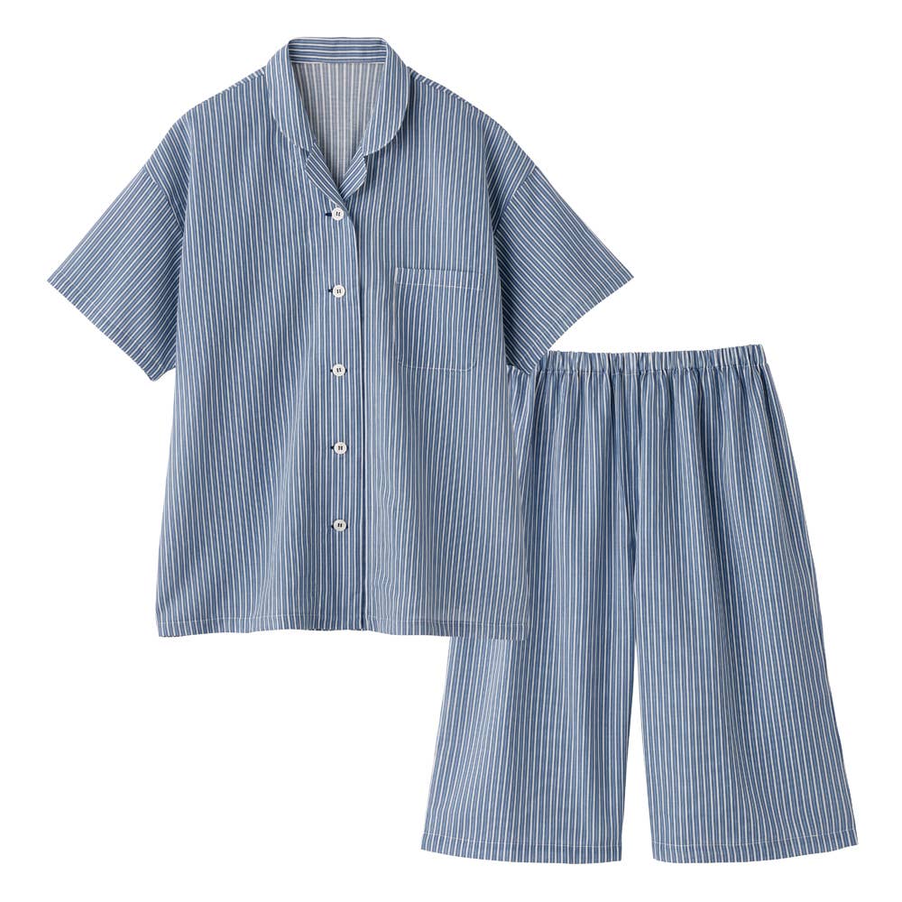 【アセドロン】綿混 背中メッシュ 半袖5分丈パンツ パジャマ TL1006 ネービーブルー