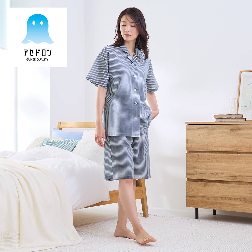 【アセドロン】綿混 背中メッシュ 半袖5分丈パンツ パジャマ