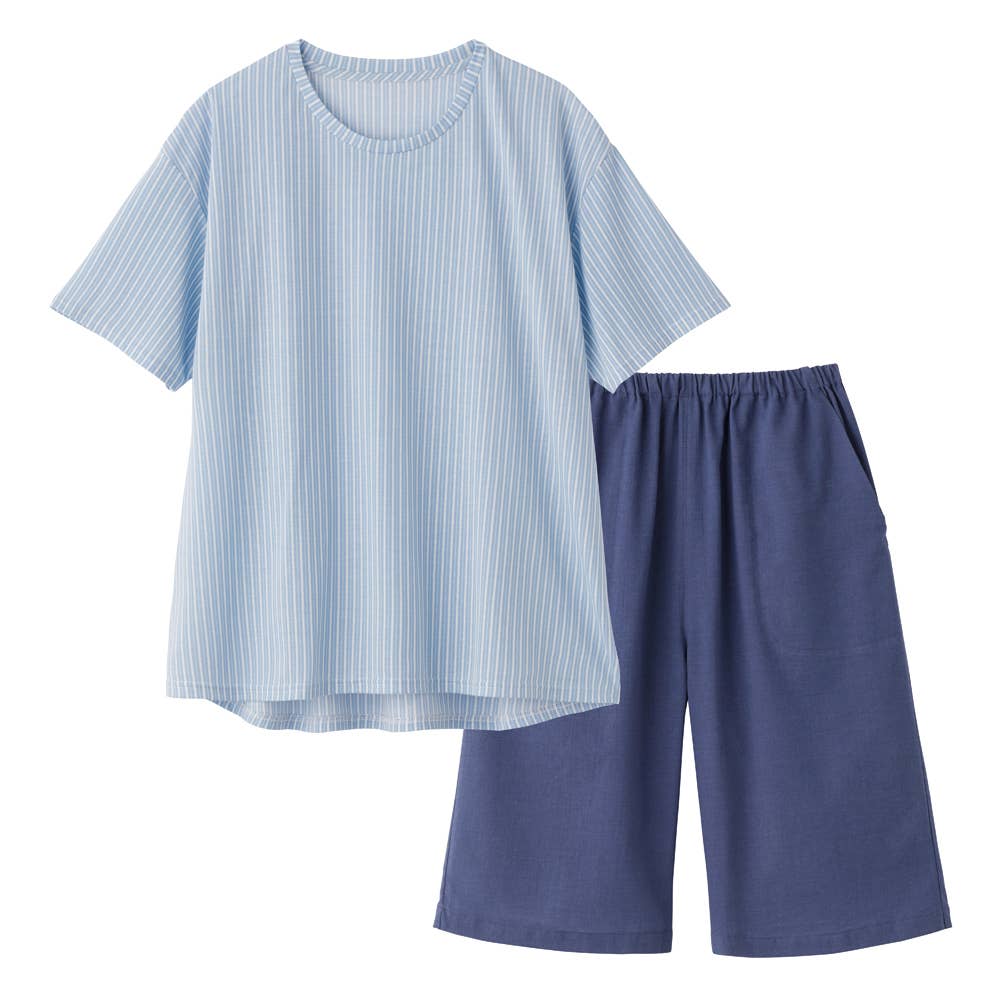 【アセドロン】綿混 メッシュ 半袖5分丈パンツ ルームウェア TL1026 サックス