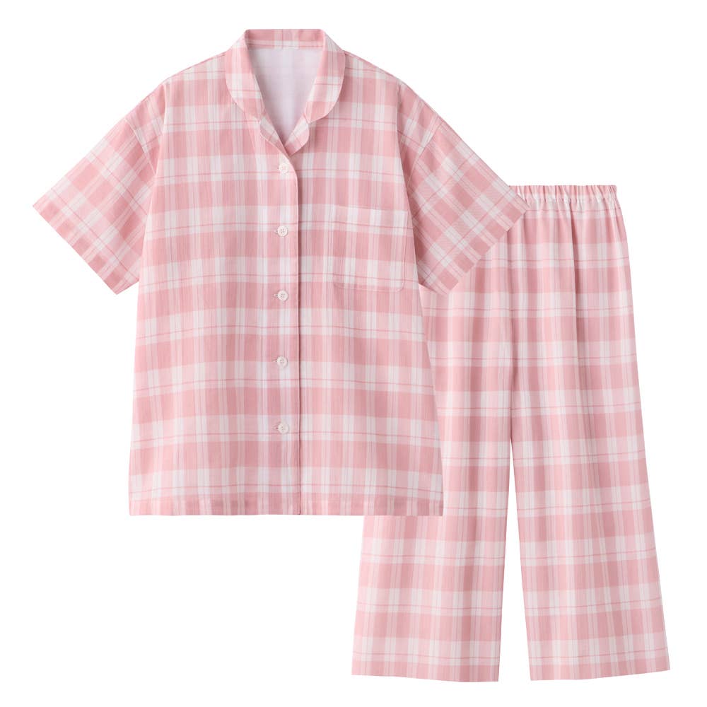 【アセドロン】本体綿100% クレープ 背中重ね布付き 半袖7分丈パンツ パジャマ TL1036 ライトピンク