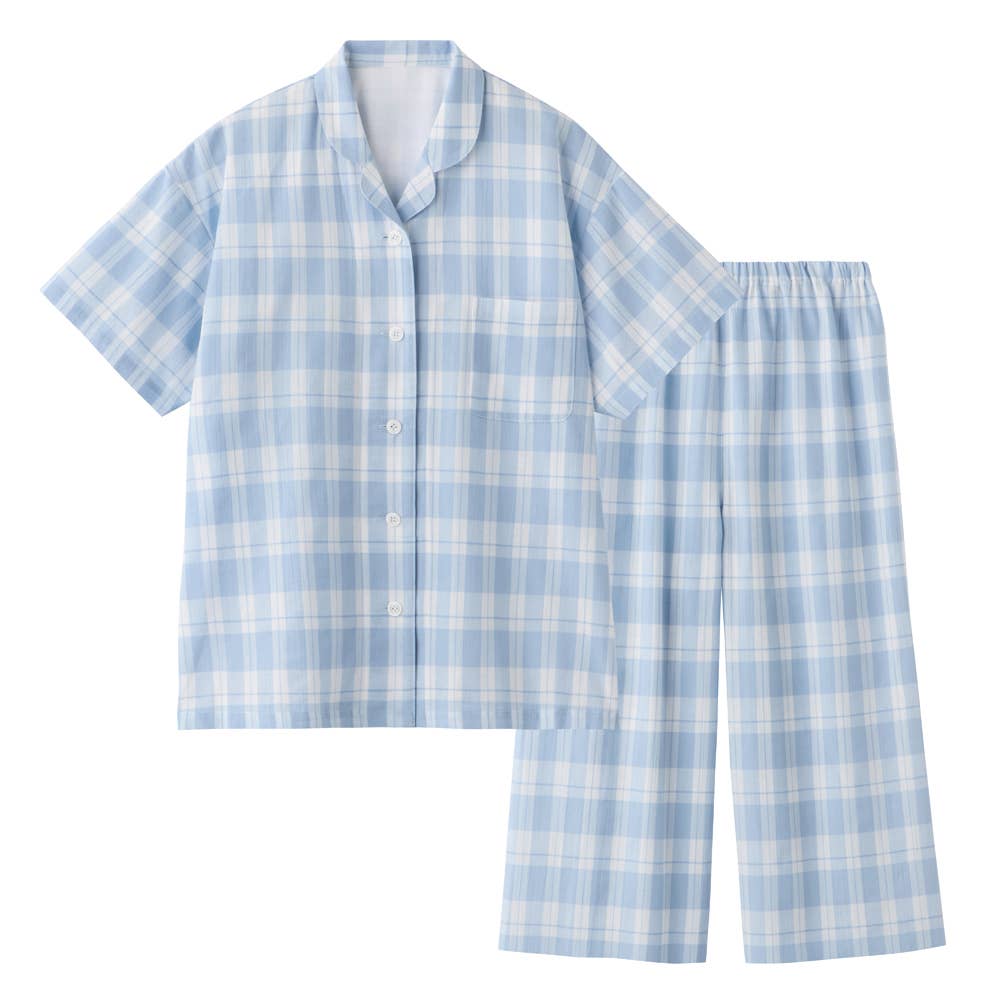 【アセドロン】本体綿100% クレープ 背中重ね布付き 半袖7分丈パンツ パジャマ TL1036 サックス