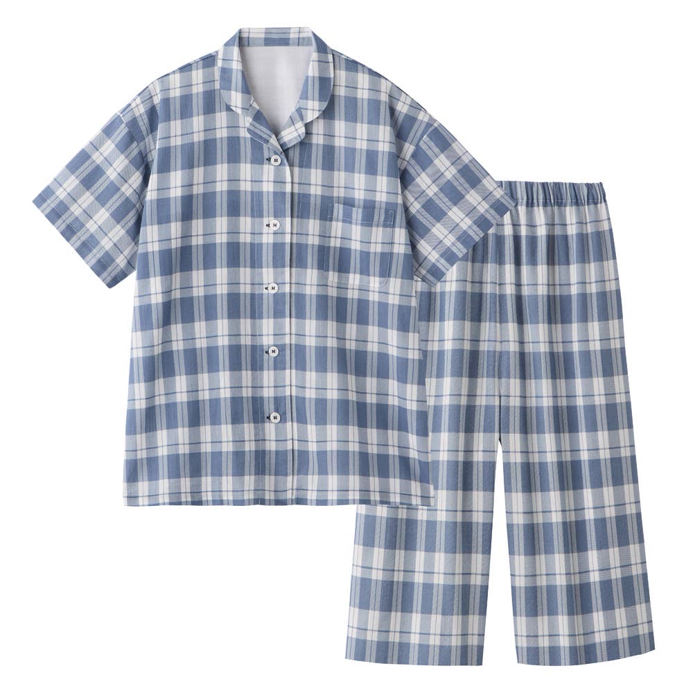 【アセドロン】本体綿100% クレープ 背中重ね布付き 半袖7分丈パンツ パジャマ TL1036 ネービーブルー