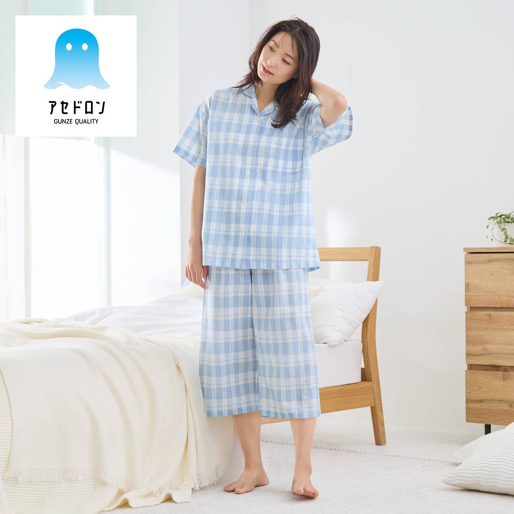 【アセドロン】本体綿100% クレープ 背中重ね布付き 半袖7分丈パンツ パジャマ