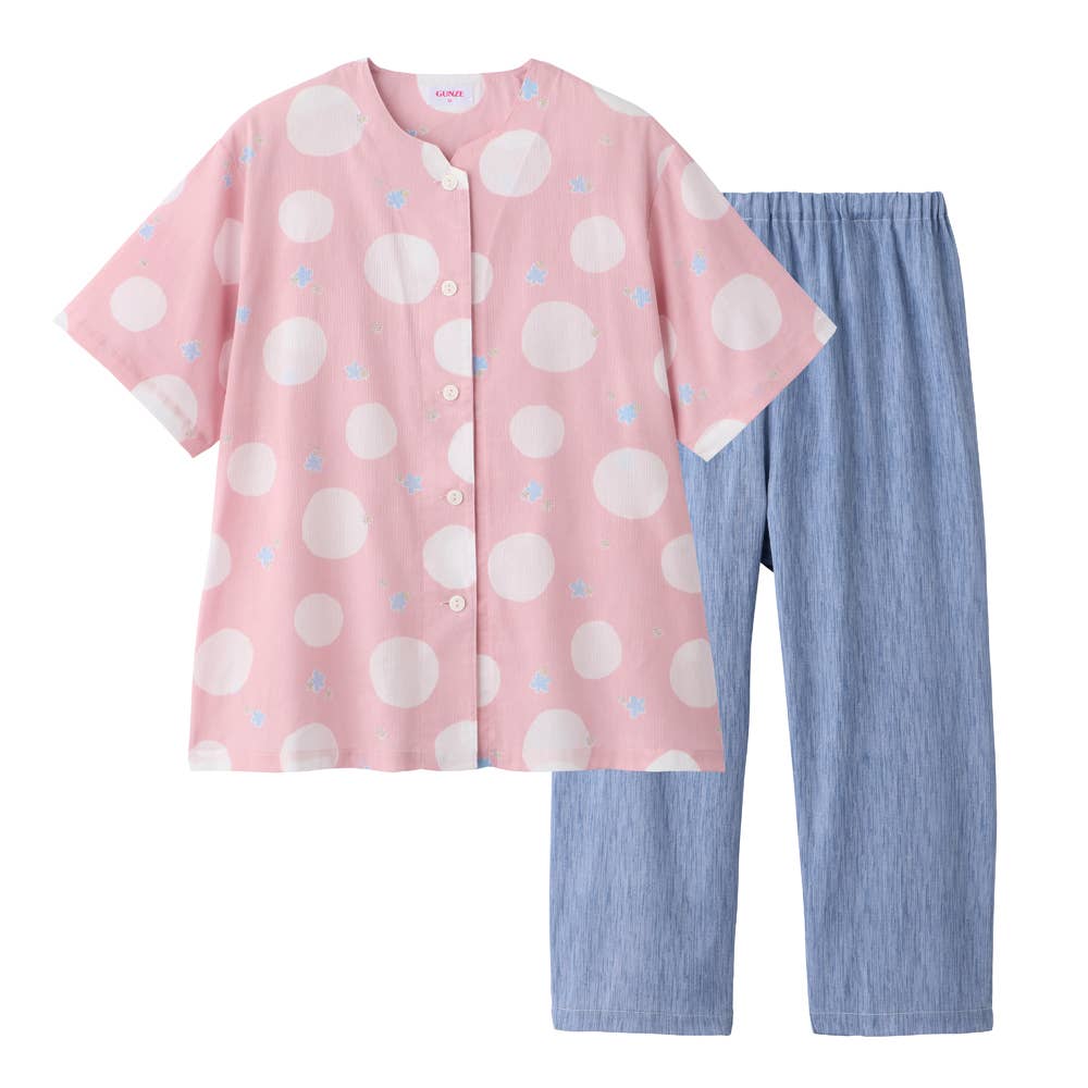 【寝るテコ】綿100％楊柳 パジャマ 半袖７分丈パンツ TP1045 ピンク