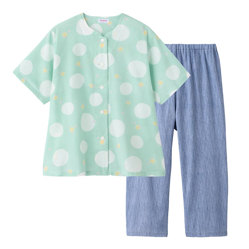 【寝るテコ】綿100％楊柳 パジャマ 半袖７分丈パンツ TP1045 グリーン