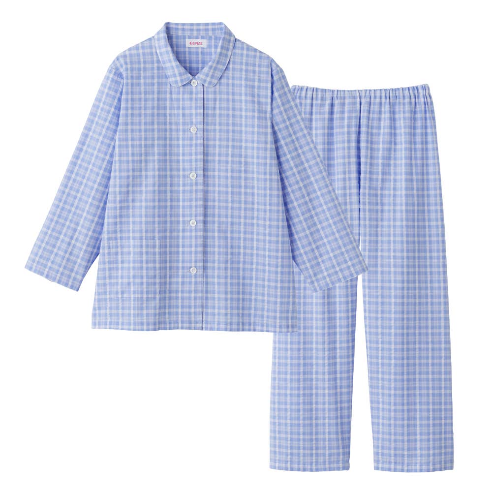 100% Cotton Yarn-Dyed Seersucker Pajamas, Long Sleeves and Long Pants, TP2036EC, Sax Blue