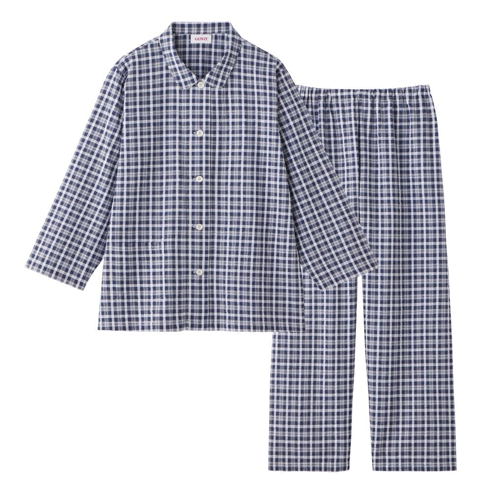100% Cotton Yarn-Dyed Seersucker Pajamas, Long Sleeves and Long Pants, TP2036EC, Navy Blue