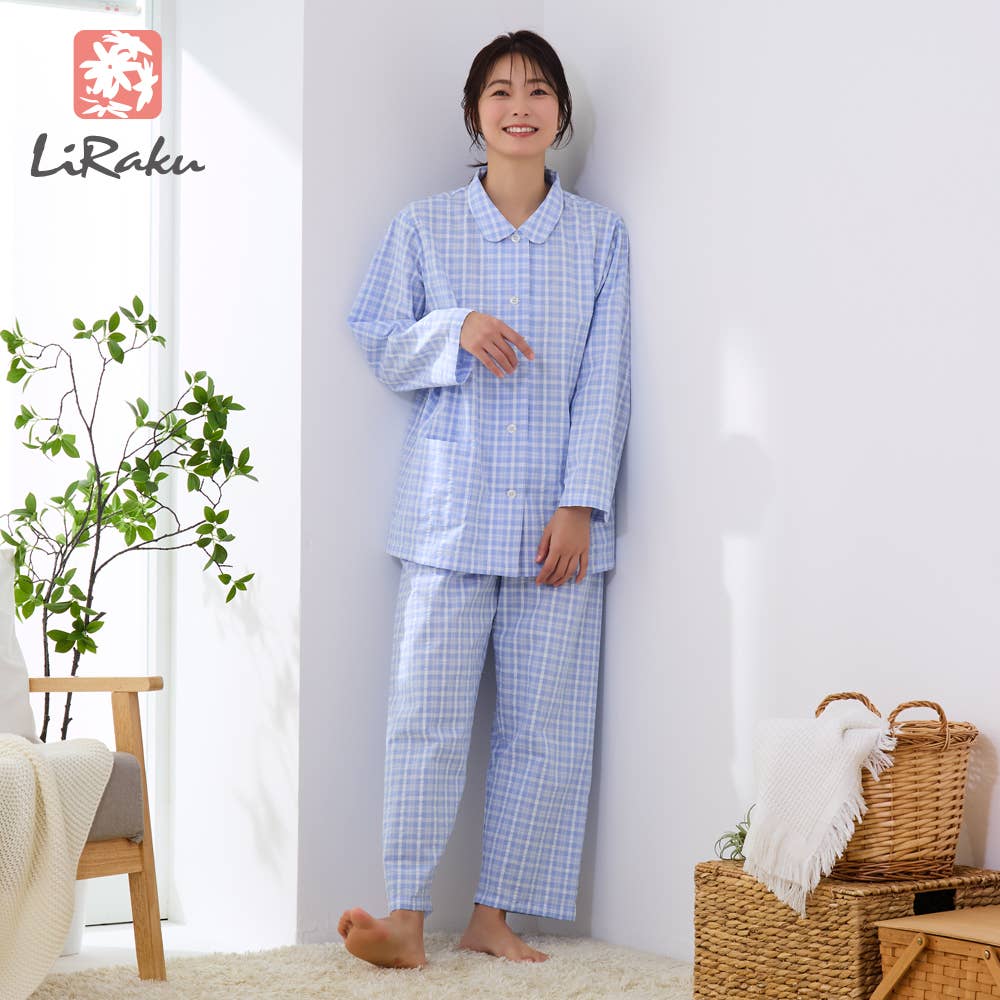 綿100％ 先染サッカー パジャマ 長袖長パンツ