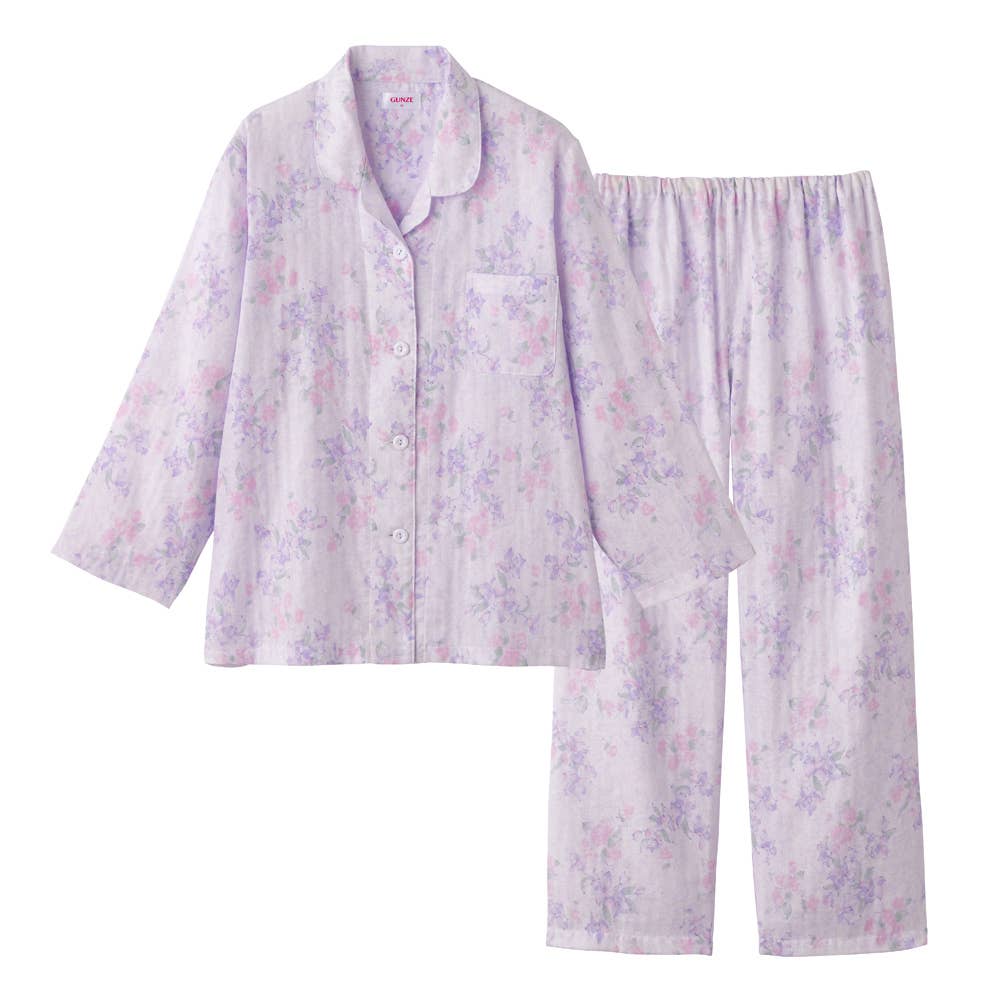 【保湿×抗菌防臭】 綿100％ ダブルガーゼ 長袖長パンツ パジャマ TP2096 パープル