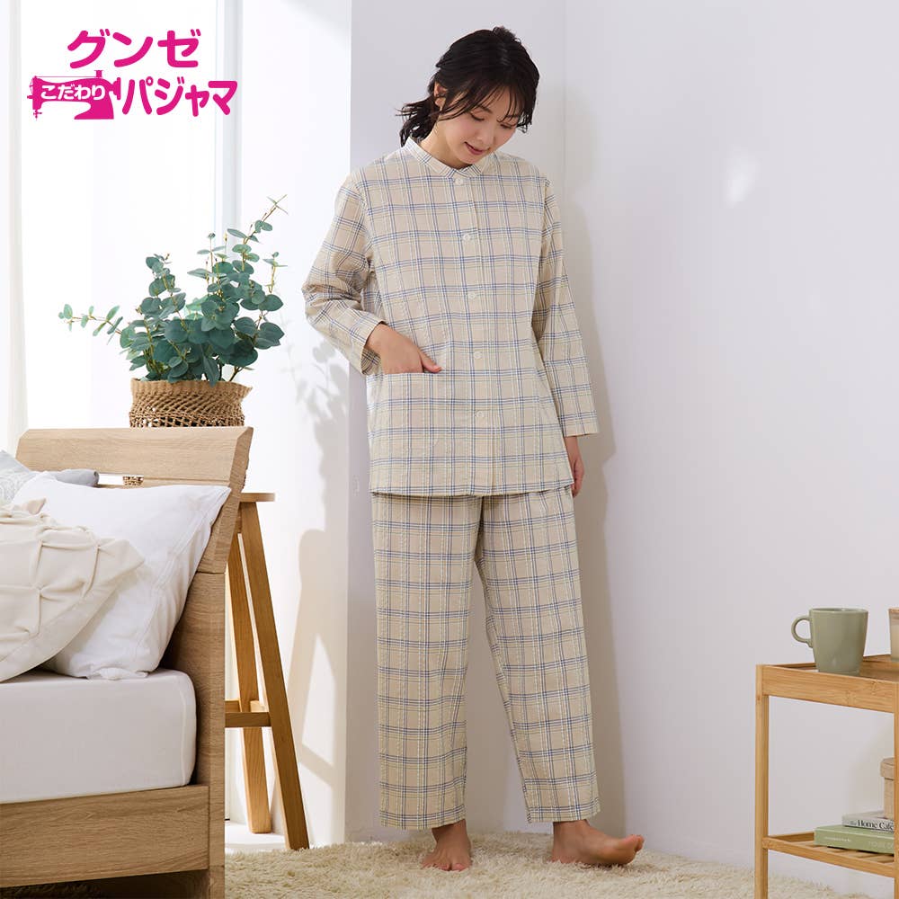 【珪藻土入り・吸汗速乾】綿混サッカー 長袖長パンツ パジャマ