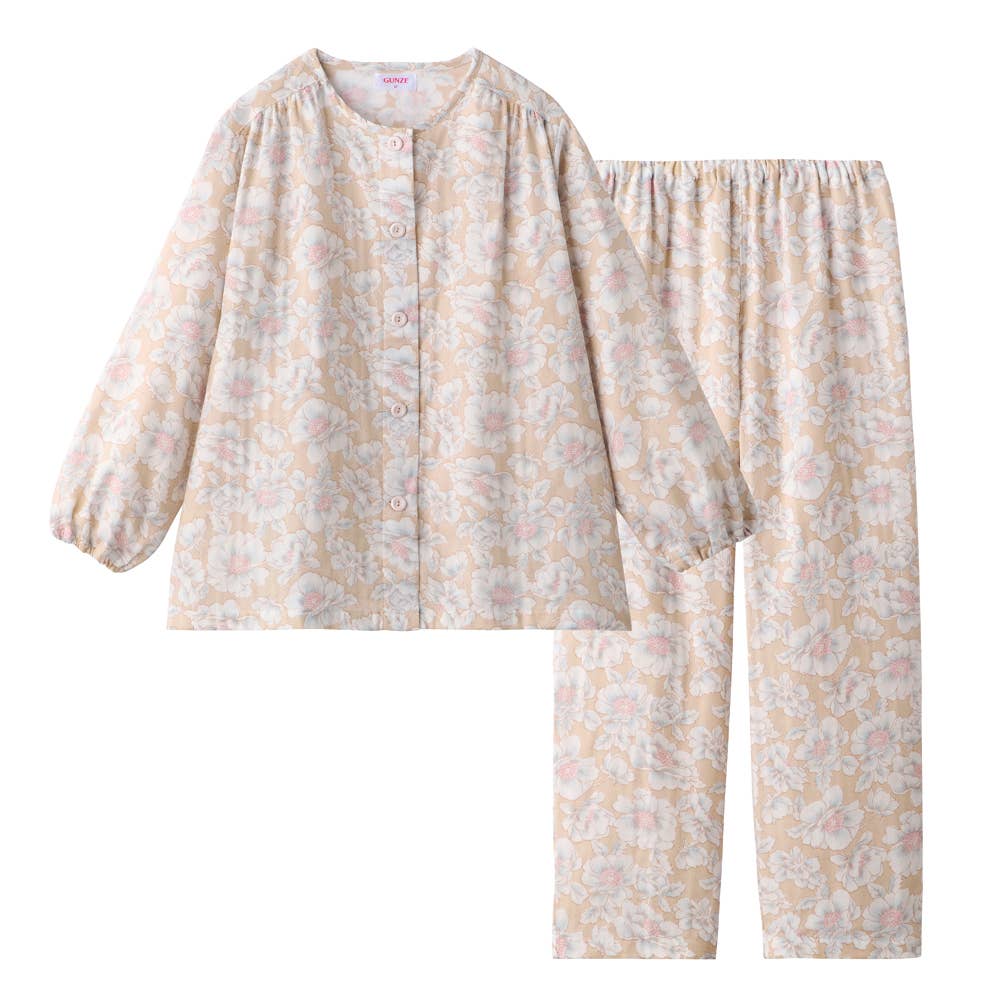 【京都捺染】綿100% ダブルガーゼ 長袖長パンツ パジャマ【送料無料】 TP2236 ベージュ