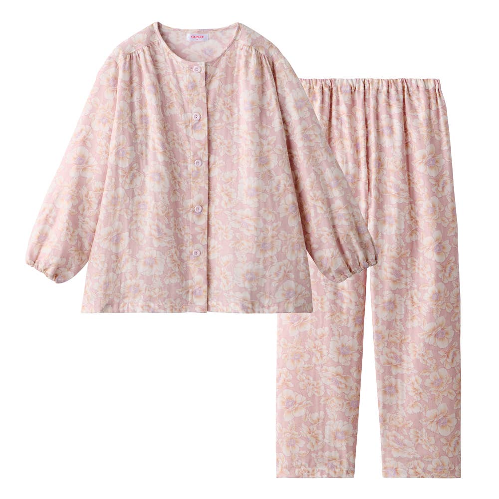 【京都捺染】綿100% ダブルガーゼ 長袖長パンツ パジャマ【送料無料】 TP2236 ピンク