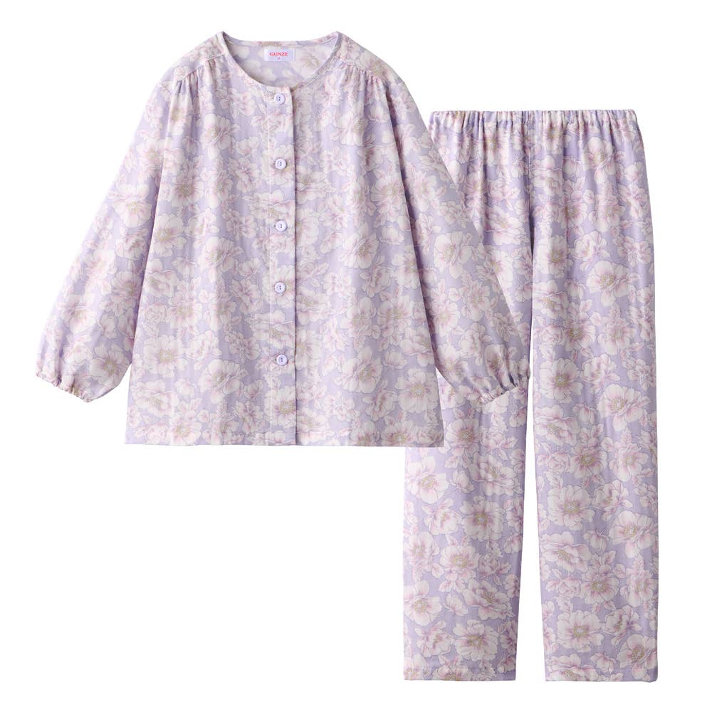 【京都捺染】綿100% ダブルガーゼ 長袖長パンツ パジャマ【送料無料】 TP2236 パープル