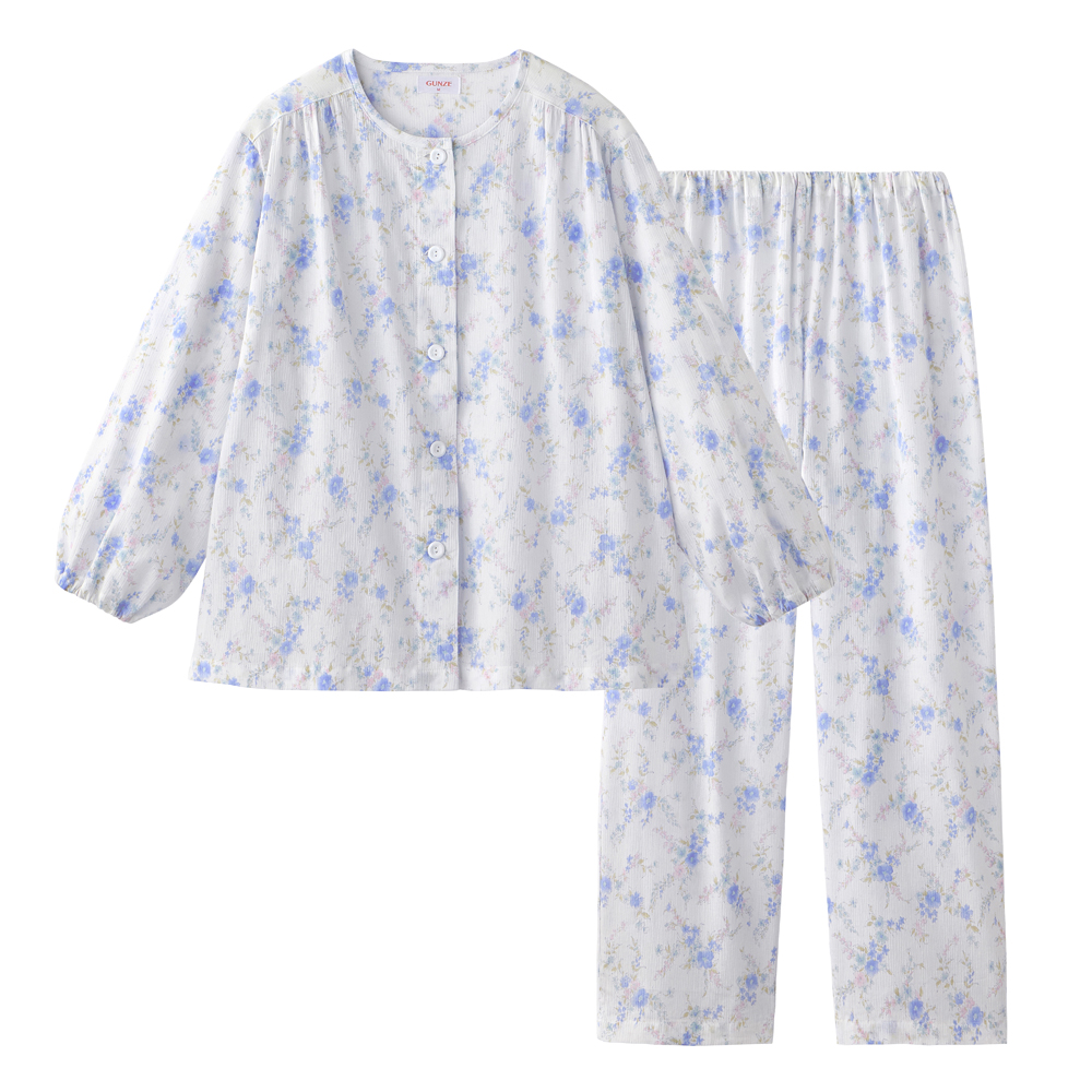 【高島ちぢみ・涼感】 綿100% 楊柳 長袖長パンツ パジャマ【送料無料】 TP2246EC サックス