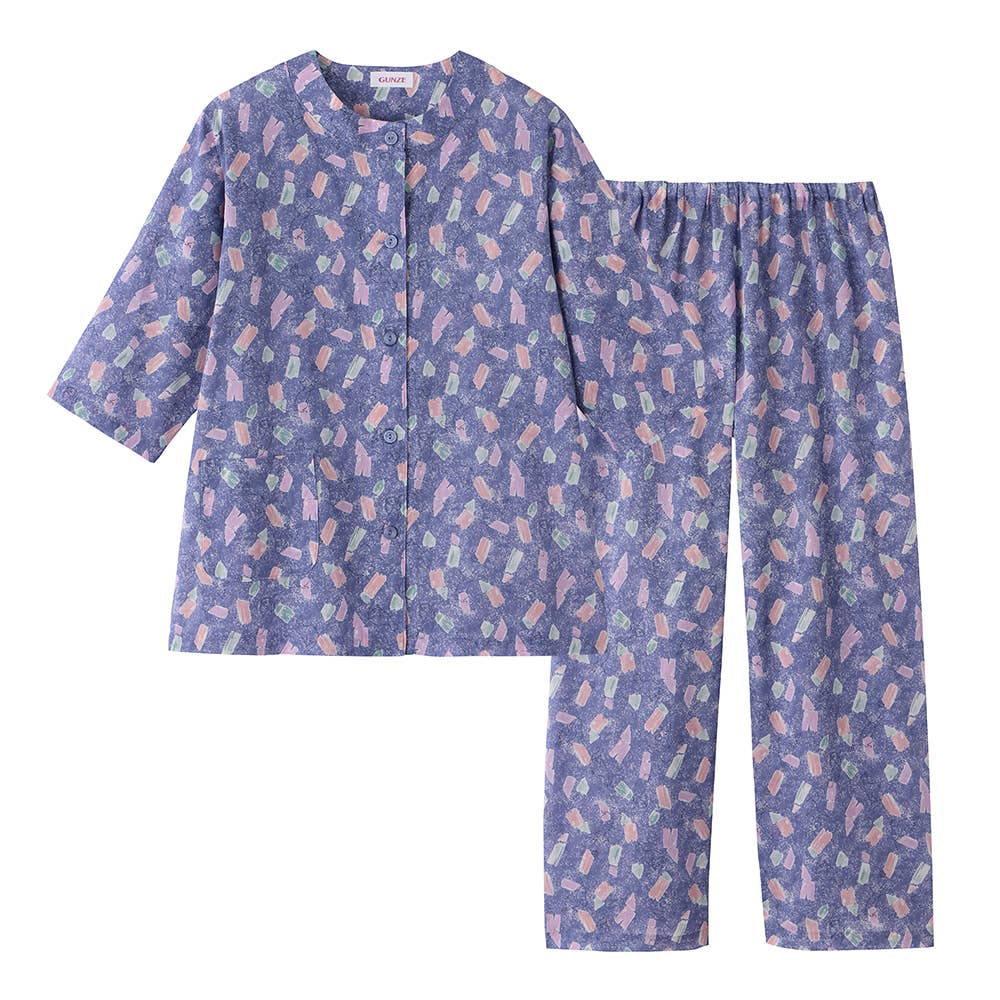 綿100％ 布帛 パジャマ 7分袖長パンツ【SALE】 TP3035 ネービーブルー