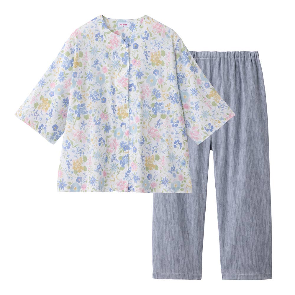 【寝るテコ】綿100％ 楊柳 パジャマ ７分袖７分丈パンツ【SALE】 TP3075 サックス