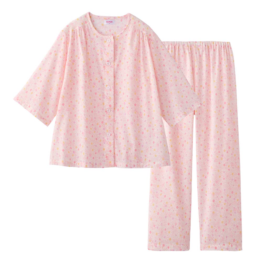 【高島ちぢみ・涼感】 綿100% 楊柳 7分袖長パンツ パジャマ【送料無料】 TP3076 ピンク