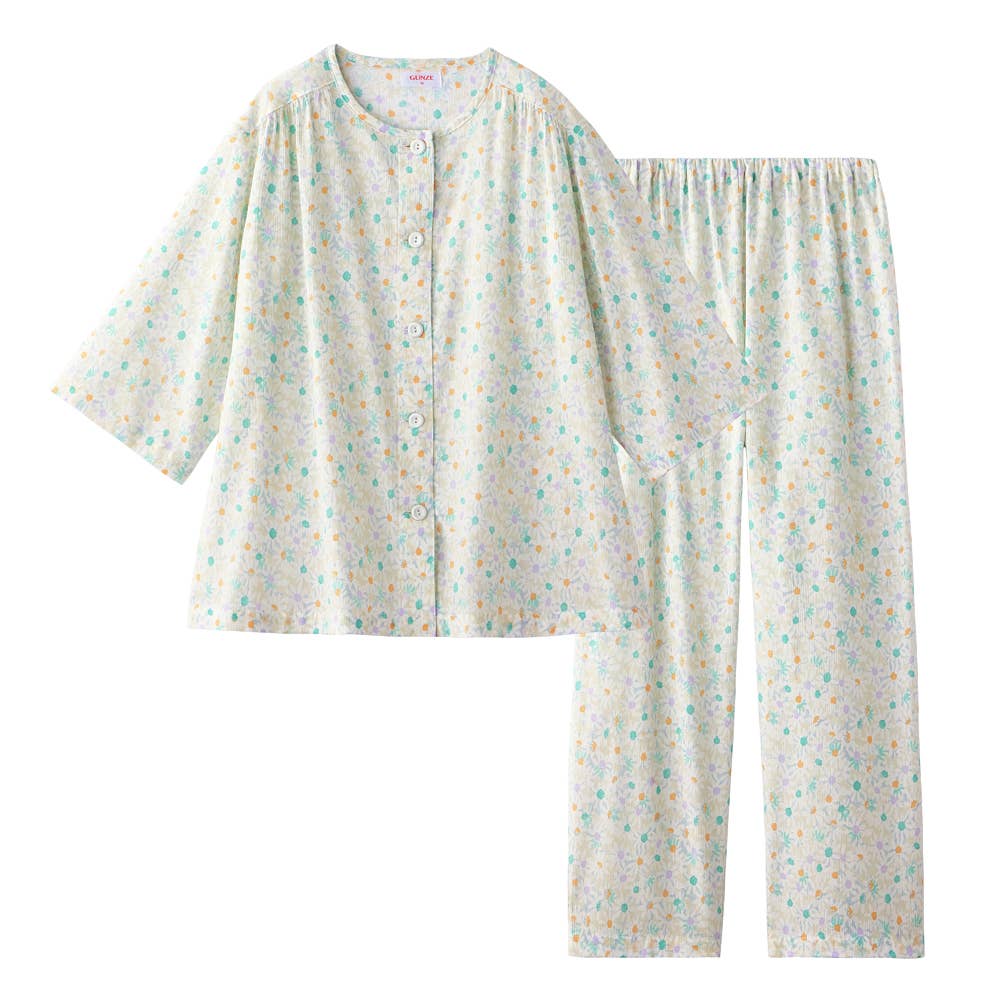 【高島ちぢみ・涼感】 綿100% 楊柳 7分袖長パンツ パジャマ【送料無料】 TP3076 グリーン