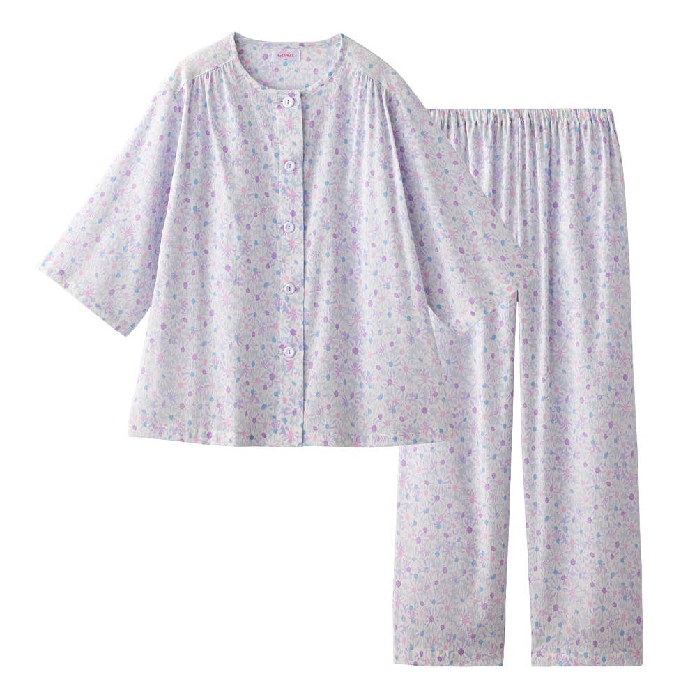 【高島ちぢみ・涼感】 綿100% 楊柳 7分袖長パンツ パジャマ【送料無料】 TP3076 パープル