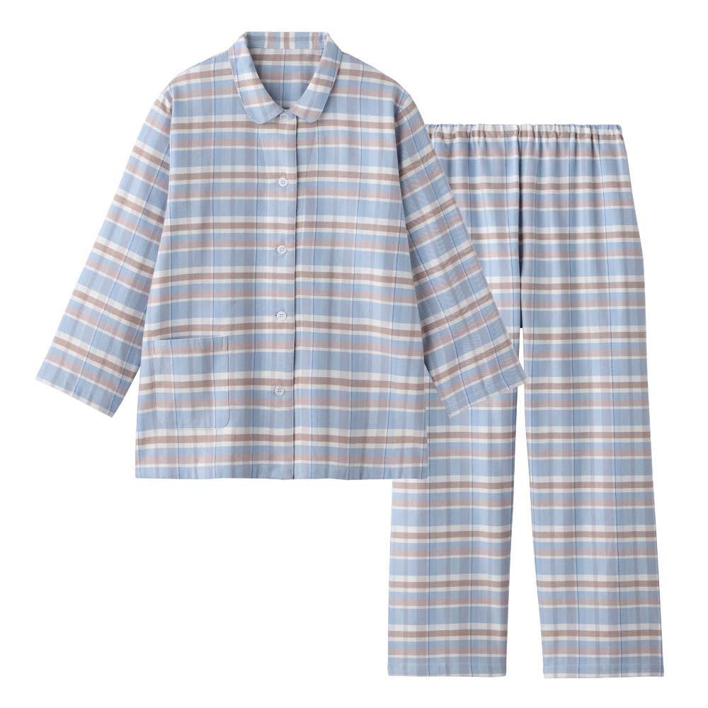 【脇縫い目無し・綿100%】ネル起毛 長袖長パンツ パジャマ【送料無料】 TP4085 サックス